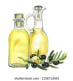 Olive Oil Bottle And A Branch Of Olive Tree. Watercolor Olive Oil Clipart Isolated On White. Italian Food Concept. Healthy Food Themed Illustration. Olive Oil Branding.