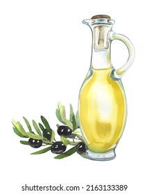 Olive Oil Bottle And A Branch Of Olive Tree. Watercolor Olive Oil Clipart Isolated On White. Italian Food Concept. Healthy Food Themed Illustration. Olive Oil Branding.