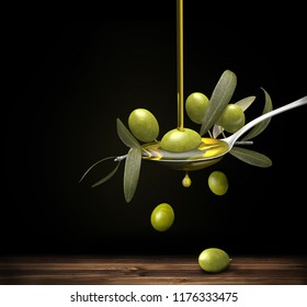 Olive Oil Jet Over A Olive Branch In A Spoon, 3d Illustration