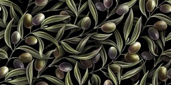 Olive Vintage Branches, Green Leaves. Seamless Surface Pattern, Tropical Background, Dark Texture. Hand-painted 3d Illustration. Mural, Wallpaper, Digital Art, Watercolor Design, Modern Kitchen Style