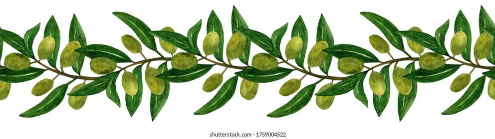 Olives seamless brush, border with olive branches and fruits for Italian cuisine design or extra virgin oil food or cosmetic product packaging wrapper. Hand drawn Illustration in watercolor.