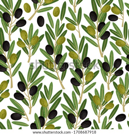 Olives seamless pattern. Olive branches with berries and leaves nature green texture on white background illustration