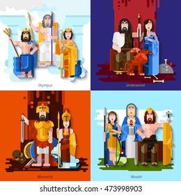 Olympic gods 2x2 concept set of mythological characters symbolize war wealth and underworld in  cartoon style flat  illustration   - Shutterstock ID 473998903