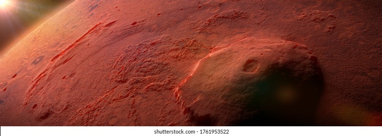 Olympus Mons, volcano on planet Mars, largest volcano in the Solar System (3d science illustration banner, elements of this image are furnished by NASA)