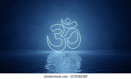 Om Aum Ohm 3D illustration. This symbol shows spiritual meditation yoga Hinduism lord Shiva and more.
This is a 3D render om floats on water with bright blue neon light in a night dark environment. 