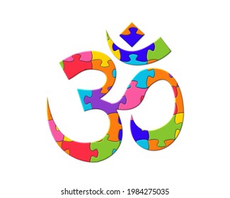 Om, Brahman, Hinduism, Buddhism, And Jainism Sign, Jigsaw Autism Puzzle Icon Logo, 3d Illustration