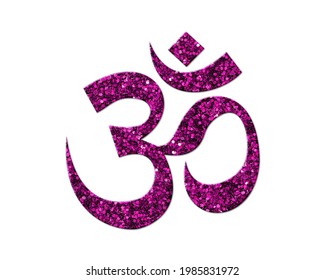 Om, Brahman, Hinduism, Buddhism, And Jainism Sign, Purple Glitter Icon Logo Symbol, 3d Illustration
