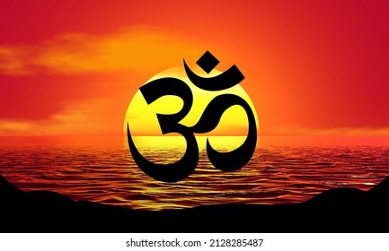 Om, Brahman Hinduism Silhouette Sunset Beach Sunrise Landscape, 3d Illustration