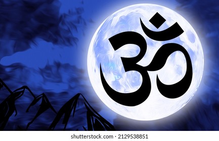 Om, Brahman Hinduism Silhouette Under Full Moon At Night, 3d Illustration