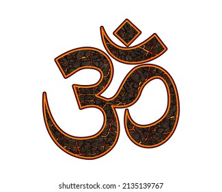 Om, Brahman Hinduism Symbol Fire Icon Flames Cracks Logo, 3d Illustration