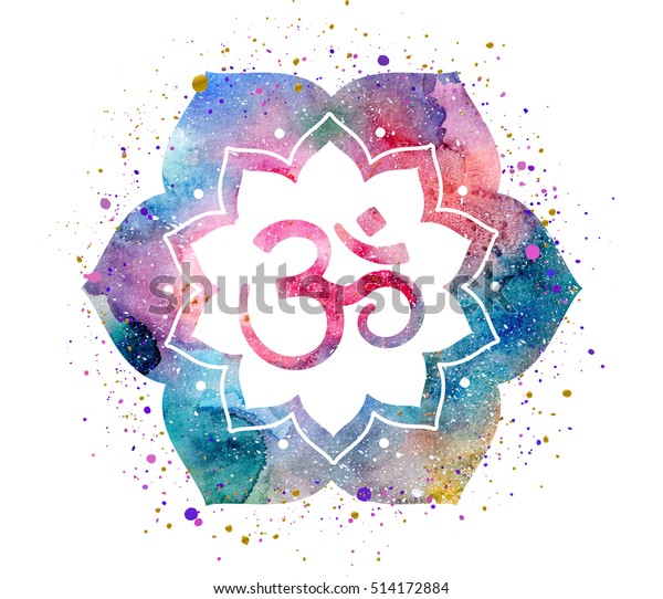 Om sign in\
lotus flower. Rainbow watercolor texture and splash isolated.\
Spiritual Buddhist, Hindu\
symbol