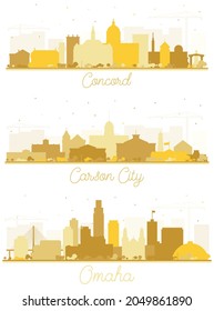 Omaha Nebraska, Carson City Nevada and Concord New Hampshire City Skyline Silhouette Set with Golden Buildings Isolated on White.