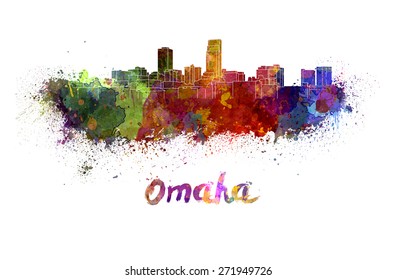 Omaha skyline in watercolor splatters with clipping path