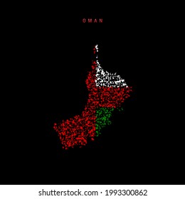 Oman Flag Map, Chaotic Particles Pattern In The Colors Of The Omani Flag. Illustration Isolated On Black Background.