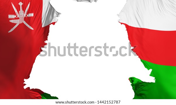 Oman\
flag ripped apart, white background, 3d\
rendering