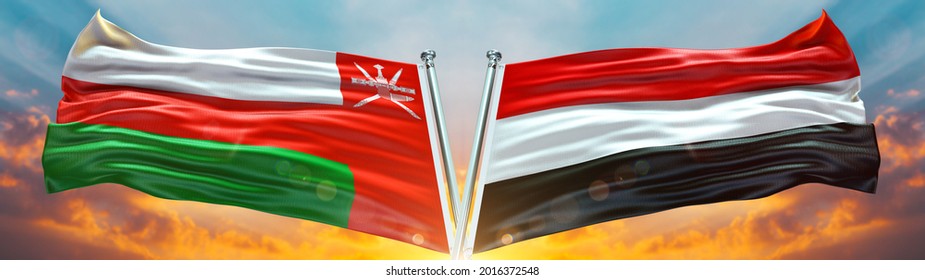 Oman Flag And Yemen Flag Waving With Texture Sky Clouds And Sunset Double Flag - 3D Illustration - 3D Render 