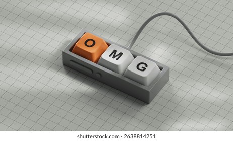 Omg. Computer keyboard keys form the word OMG. Concept of the word OMG - Oh My God, expression in communication of reaction and emotions - shock, wow, surprise, laughter.3D rendering