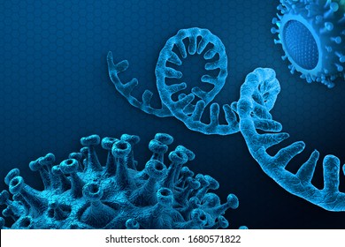 Omicron Coronavirus RNA Strand. Medical Illustration With Deep Blue Hexagon Structure Background. 3D Rendering