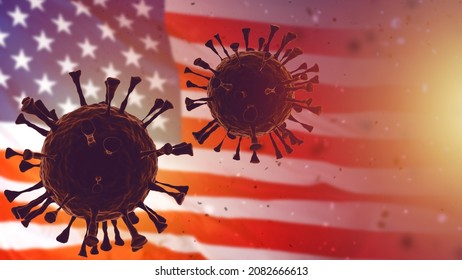 Omicron Covid-19 Coronavirus Variant In America. Mutated Coronavirus SARS-CoV-2. Delta Plus. Coronavirus Cells On US Flag Background. OMICRON  Virus Under The Microscope. 3d Image