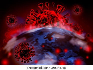 Omicron COVID-19 variant Coronavirus. Delta plus molecules over globe. SARS-CoV-2 mutation. Omicron strain spread. Coronavirus pandemic. 3d rendering of planet Earth, elements from NASA