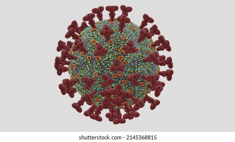 Omicron SARS-CoV-2 Virus. Electron Microscope Enlargement Size Computer Model, Coronavirus, 3D Rendering. Isolated On White.