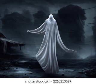 Ominous Bedsheet Ghost In A Creepy Environment. Digital Illustration.