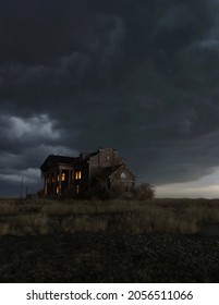 Ominous Dilapidated And Abandoned Mansion With Illuminated Interior Lighting Under A Dark Cloudy Sky. 3D Rendering.