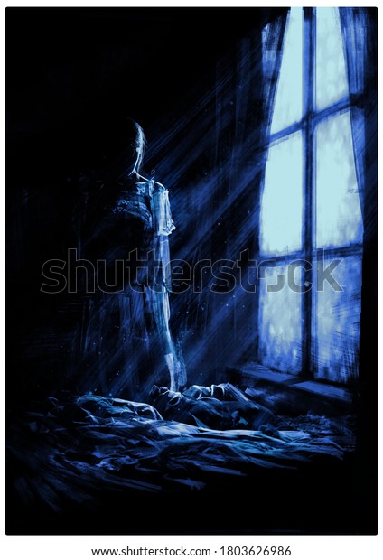 暗い部屋の中の不吉な女の幽霊の姿は 大きな窓から月の明るい光に照らされる 2dイラスト のイラスト素材