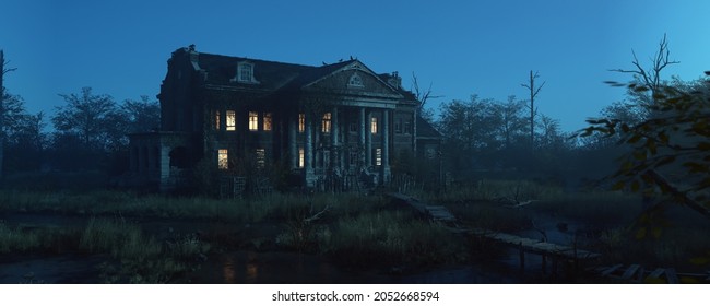 Ominously Dilapidated And Abandoned Mansion With Illuminated Interior Lighting At Dusk. 3D Rendering.