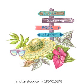 omposition of beach vacation items. Different elements in colored pencil technique. Hand drawn sketch.