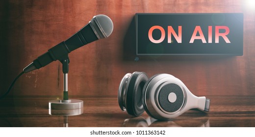 ON AIR written on a black box, headphones and a microphone, brown painted wall background. 3d illustration