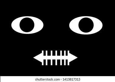 On A Black Background There Are Two Eyes Of Black Pupil And A Mouth Closed Or Censored By A Type Of Closure; This Image Can Be Interpreted As An Animated Caricature Of A Face Silenced In The Dark.