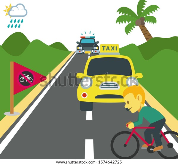 on\
a busy road, someone\'s car crosses the road by\
bicycle