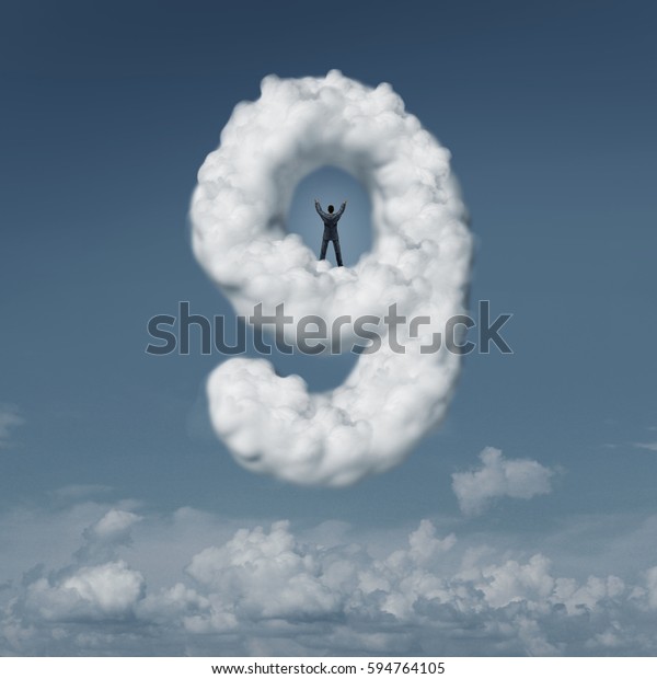 On cloud nine idiom concept as a person or\
businessman standing in triumph on a floating cloud shaped as a\
symbol of success as a psychological state of mind with 3D\
illustration\
elements.