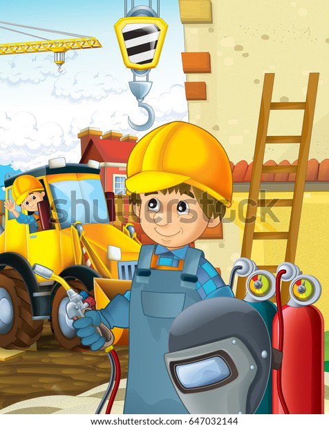 on the\
construction site different workers doing their jobs - welder and\
digger driver - illustration for\
children