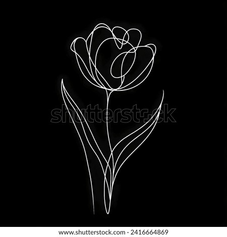 On a dark backdrop, rests an exquisite tulip, its snowy-white hue complemented by its slender stalk and fragile petals.