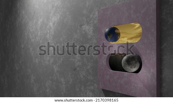 On off light switch that On switch is\
presented in Earth and gold cloud and Off switch is presented in\
Moon and star field (3D\
Rendering)