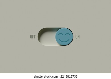 On and off toggle switch buttons with positive smile face icon, Positive thinking, Mental health assessment, World mental health day concept, Turn on sign of positive with good health, 3D rendering