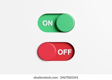 On and off toggle switch buttons on white background. 3d render.