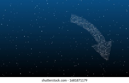 On the right - a down arrow filled with white dots. Background pattern from white dots and circles of different shades. Illustration on blue background with stars