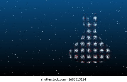 On the right is the flared dress symbol filled and white dots  Background pattern from white dots   circles different shades  Some dots is red  Illustration blue background and stars