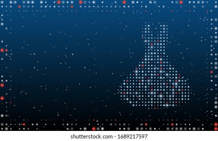 On the right is the flared dress symbol filled and white dots  Abstract futuristic frame white dots   circles  Some dots is red  Illustration blue background and stars