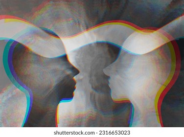 On the same wavelength. Telepathy between two person. Graphic watercolor painting. Communication with a thought 