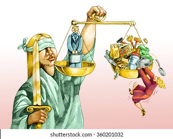 on the scale of justice, the man in the middle of the plate, the woman has no place in his flat for all the objects of his daily care of home and family - Powered by Shutterstock