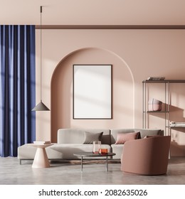 On trend living room design, using canvas in wall arch, modern pendant lamp, beige, blue and grey shades, stylish sofa with cushions and shelving. Concept of minimalist interior. Mockup, 3d rendering