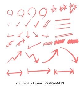 On a white background, there are many lines, arrows, circles, stars, star signs, and check shapes drawn with red colored pencil crayons - Powered by Shutterstock