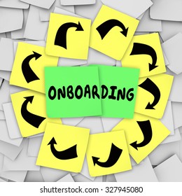 Onboarding Word Written On Sticky Note On Bulletin Board To Illustrate Introducing Or Welcoming New Employee Or Hire To Organization