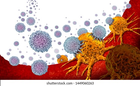 Oncology Medicine And Cancer Treatment Concept As A Tumor Or Tumour Being Treated With White Blood Cells Attacking The Disease As An Immunotherapy 3D Illustration.