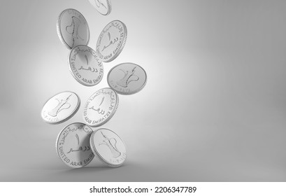 One 1 Dirham AED United ARAB Emirates Coins Falling On A Grey Background With Copy Space - 3D Illustration