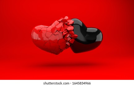 One 3d Heart Breaks Another On Red Background